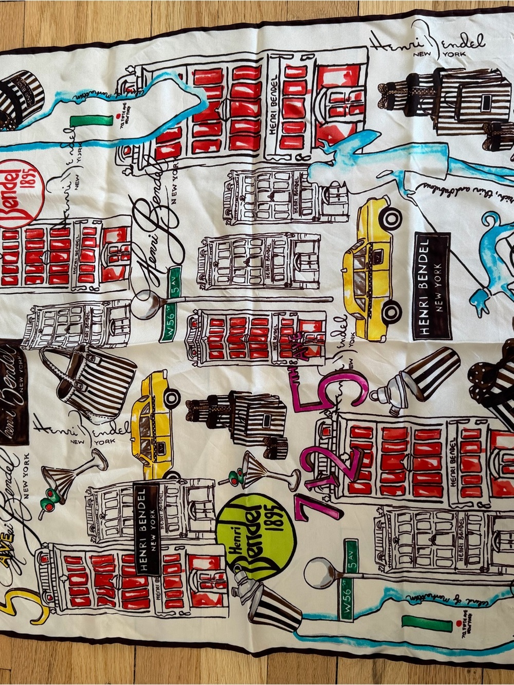 henri bendel Illustrated New York Silk Scarf — Red, Yellow, Teal, Black